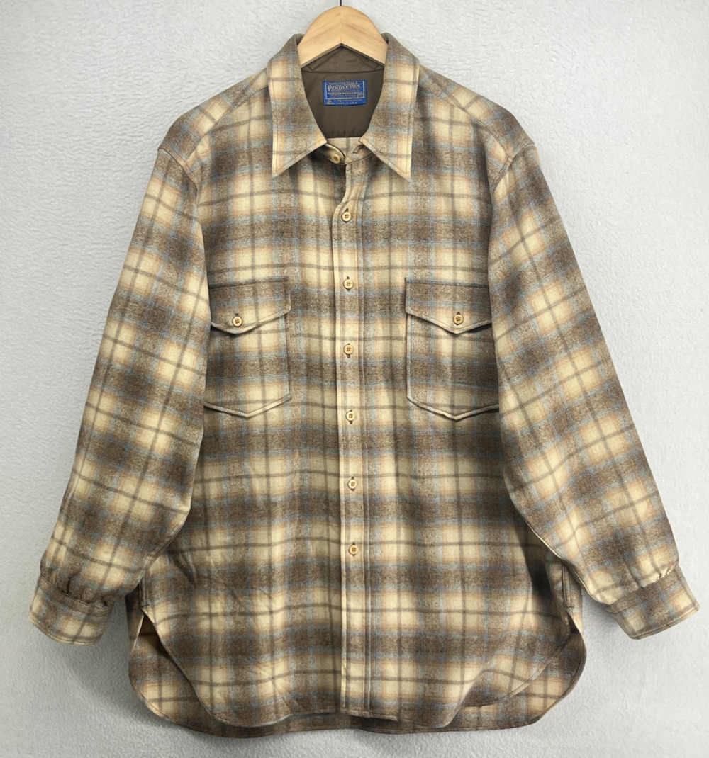 PENDLETON Shirt Mens 17.5 XL 70s Virgin Wool Shadow Plaid Flannel Brown VTG